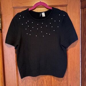 Black Short Sleeve Sweater with Pearl & Black Accents